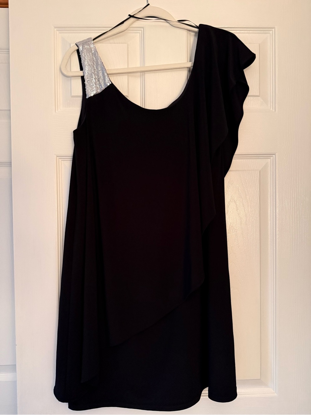 Women's Black One-Shoulder Dress with Silver Shoulder Accent